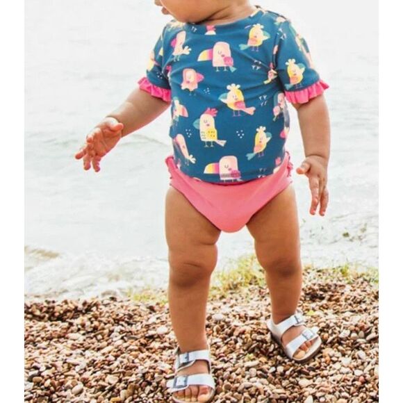 NWOT Ruffle Butts "You're The Tweetest" Mid-Sleeve Two Piece Swimsuit Baby Girl